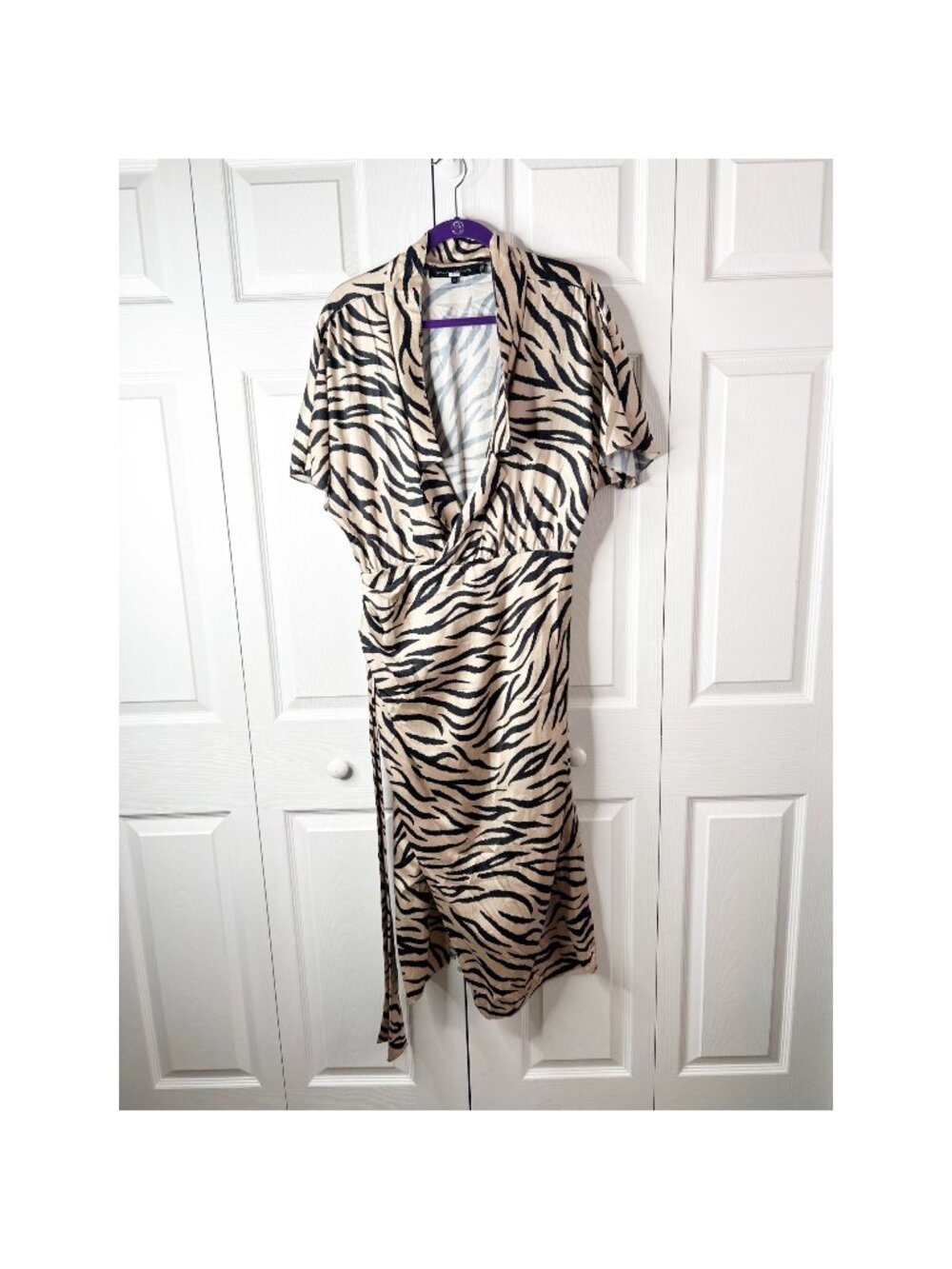 Sally LaPointe Zebra Print Cream Black Drop Collar Satin Dress Women's Size 12